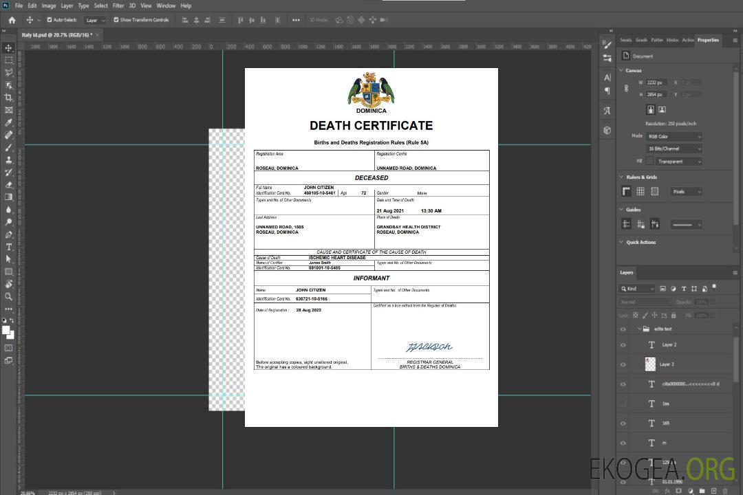 Modèle Word et PDF de certificat de décès de l'état civil de la Dominique template